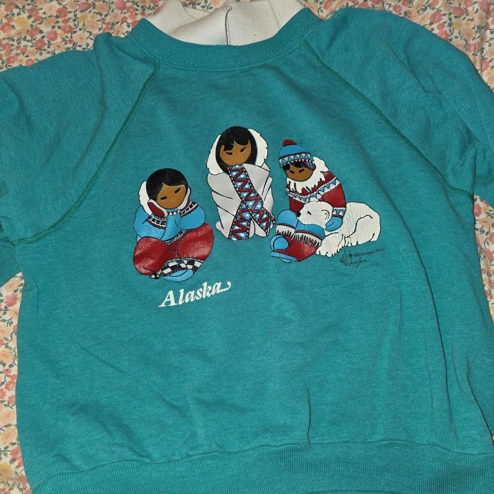 1970s Navajo Juniors/kids Size Teal Alaska Graphic Sweatshirt Size Large
